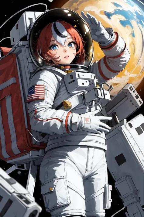 best quality, intricate details,
1girl, long hair, red hair, messy hair, red highlights,blue eyes, sharp eyes,
choker,
hakos baelz, <lora:hakos baelz:0.8>
<lora:clothesSpacesuit_v10:0.8> spacesuit, spacesuit, space helmet,astronaut, backpack,gloves