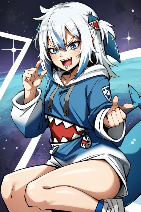 best quality, intricate details,
1girl, white hair, blue eyes, sharp eyes,messy hair, blue highlights, sharp teeth,
blue hoodie, shark teeth design, bare legs, hair ornament, gawr gura, shark girl, shark tail, shark print, blue hoodie, sharp teeth, shark hair ornament, <lora:gawrGuraHololive_v3:0.8> <lora:konoDIODAITWASMEDIO_v10IntialRelease:0.8> biwm, pointing_at_self, shouting, angry,