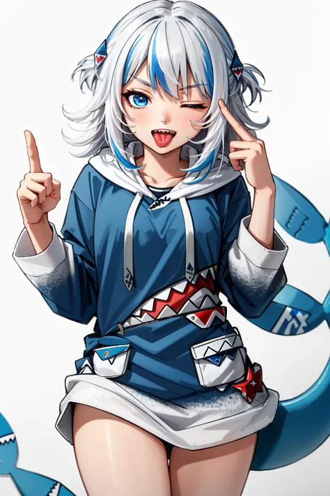 best quality, intricate details,
1girl, white hair, blue eyes, sharp eyes,messy hair, blue highlights, sharp teeth,
blue hoodie, shark teeth design, bare legs, hair ornament, gawr gura, shark girl, shark tail, shark print, blue hoodie, sharp teeth, shark hair ornament, <lora:gawrGuraHololive_v3:0.8> <lora:akanbeFace_akanbev1:0.8> akanbe, finger to eye, one eye closed, tongue out,