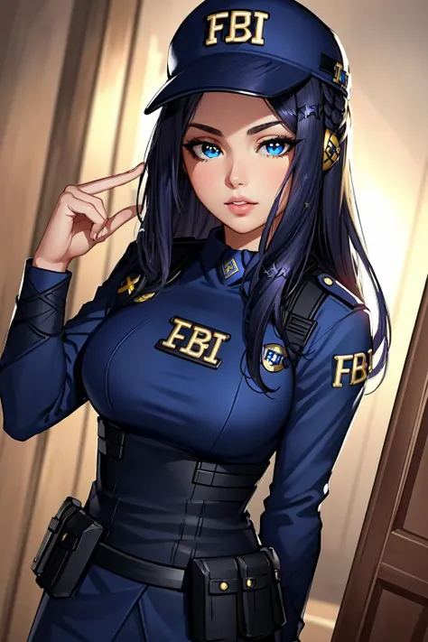 best quality, intricate details,
1girl, long hair, ((blue eyes)), solo, black hair, Irelia, looking at viewer, purple hair, lips, foreshortening, symmetrical eyes, <lora:ireliaFromLeagueOf_ireliaV1:0.8> irelia, arm ribbon,
<lora:fbiMemeLora_v10:0.8> skistyle, (fbi cap, fbi, blue police uniform, police badge:1.4)