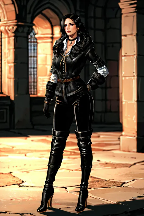 (masterpiece, best quality, ultra detailed, absurdres)1.5, 1girl, (sexy, beautiful woman, perfect face, perfect eyes, perfect female body, large breasts)1.5, (yenw3_soul3142, black jacket, fur-trimmed coat, black gloves, black pants, high heeled boots, choker, long hair, black hair, <lora:yennefer:0.7>), (standing inside a medieval castle), perfect lighting, smooth, hdr