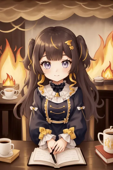 best quality, intricate details, surprised,
1girl <lora:anyaMelfissaHololive_v1:0.8> anya melfissa, very long hair, hair ornament, black dress,
<lora:lottalewdsThisisfine_v2:0.8> thisisfine, crossed_arms, table, coffee_mug, steaming coffee, cute, dog_ears, staying positive, surrounded by flames, fire, sitting, smoke