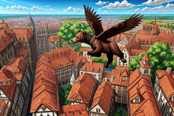 a flock of flying (brown bears),(wings:1.2), fantasy, flying through a medieval city