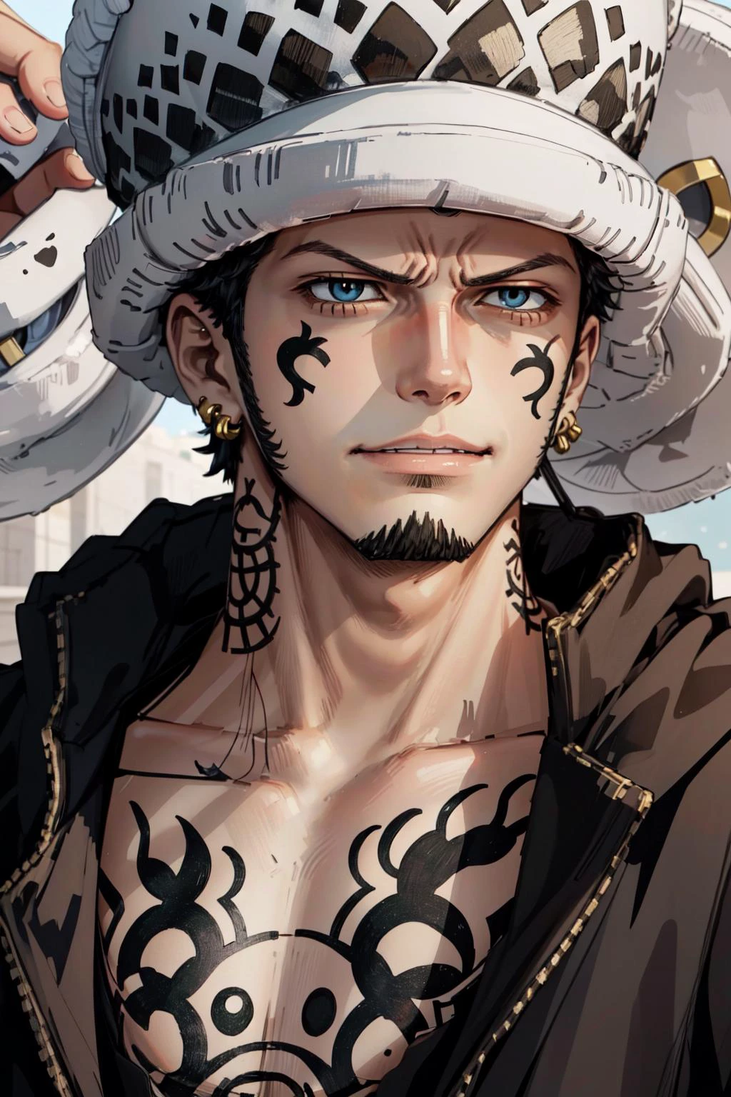 (masterpiece, best quality), intricate details
1boy, <lora:Trafalgar_lawV3:0.8> law,round hat, tattoos, adult, sneer,