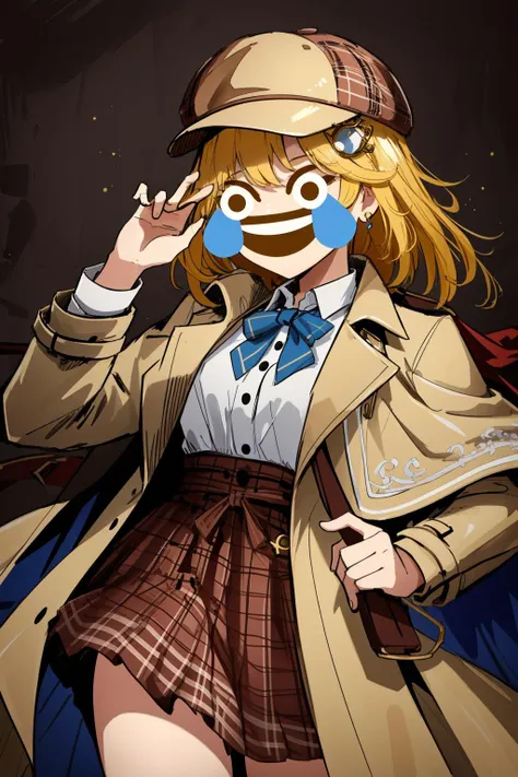 best quality, intricate details,
1girl, yellow hair, blue eyes, sharp eyes,messy hair,
detective hat, brown trench coat, plaid skirt, white shirt, hair ornament, clocks, stopwatch,
watson amelia, <lora:amelia watson:0.8> <lora:lmfaoEmojiFace_cookedlmaoji:0.8> agonymouth, emoji style, emoji face, meme face,