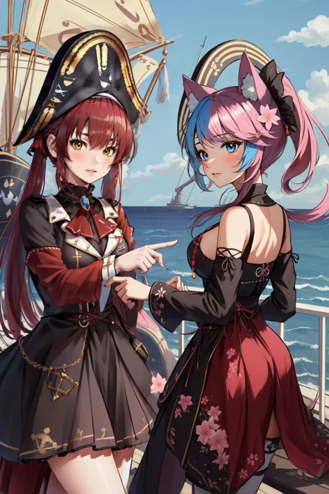 (masterpiece, best quality), intricate details,
1girl, <lora:silvervale-lora-nochekaiser:0.8>silvervale, animal ear fluff, animal ears, blue eyes, blue hair, long hair, multicolored hair, multicolored tail, pink hair, pink tail, streaked hair, swept bangs, tail, thighhighs, twintails, white thighhighs, wolf, wolf ears, wolf girl, wolf tail,, black footwear, black kimono, black sleeves, cleavage, criss-cross halter, detached sleeves, floral print, flower, hair flower, hair ornament, halterneck, japanese clothes, kimono, shoes, thighhighs, twintails, white thighhighs,
pointing, on a pirate ship, mast, railing,
