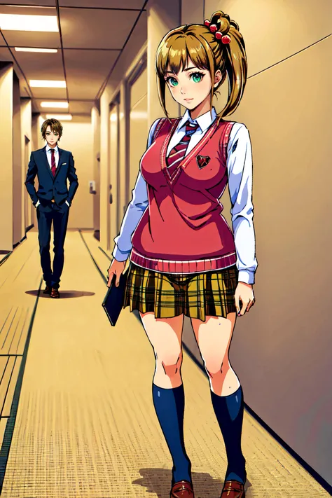 (masterpiece, best quality, ultra detailed, absurdres)1.5, 1girl, (sexy, beautiful woman, perfect face, perfect eyes, perfect female body)1.5, (mgcm iko, brown hair, twintails, hair ornament, hair bobbles, heart, bangs, mgcm school uniform, sweater vest, necktie, plaid skirt, kneehighs, loafers, holding smartphone, <lora:MGCM_iko:0.7>), (standing, hallway of a Japanese high school), perfect lighting, smooth, hdr