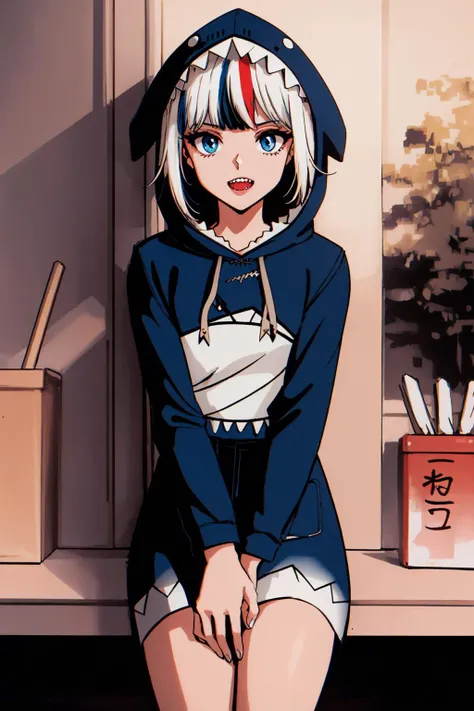 best quality, intricate details,
1girl, white hair, blue eyes, sharp eyes,messy hair, blue highlights, sharp teeth,multicolored_hair,
virtual_youtuber, gawr_gura, <lora:gawrGuraHololive_v3:0.8> gawr gura,
shark teeth design, bare legs, shark girl, shark tail, shark print, blue hoodie,animal hood, shark hair ornament,
<lora:90sAnimeAesthetic_v10:0.8> 1990s, 90s,