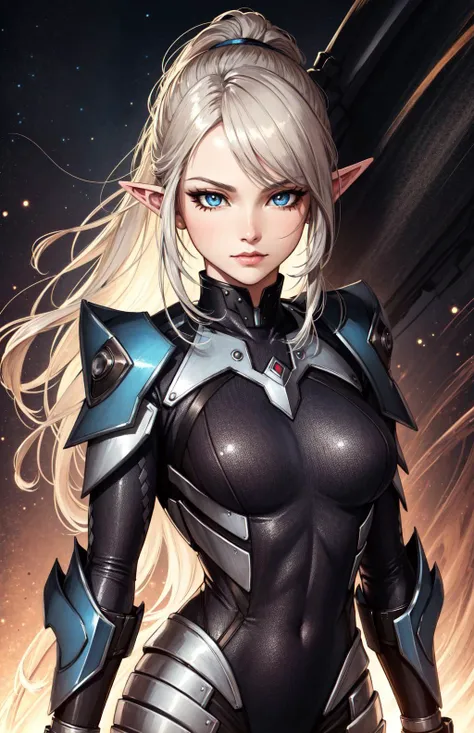 (upper body), (realistic, [anime]), (3d:0.2), dramatic lighting, ((masterpiece)),(quality),(highres),dynamic pose, tall Lady Voidstar, [[covered abs]], ((Argyle power armor|elven bodysuit|power armor) mechanical arms),  biomechanical, ass focus, jail,, translucent hair long hair side ponytail, [multiple eyes], small breasts, covered navel, eyeliner, eyelashes, perfect face, detailed pupil, beautiful eyes, detailed eyes, brown eyes, space elevator background, [boku no hero academia], by Jeremy Lipking, by Antonio J. Manzanedo, by Frederic Remington, by HW Hansen, by Charles Marion Russell, gloves