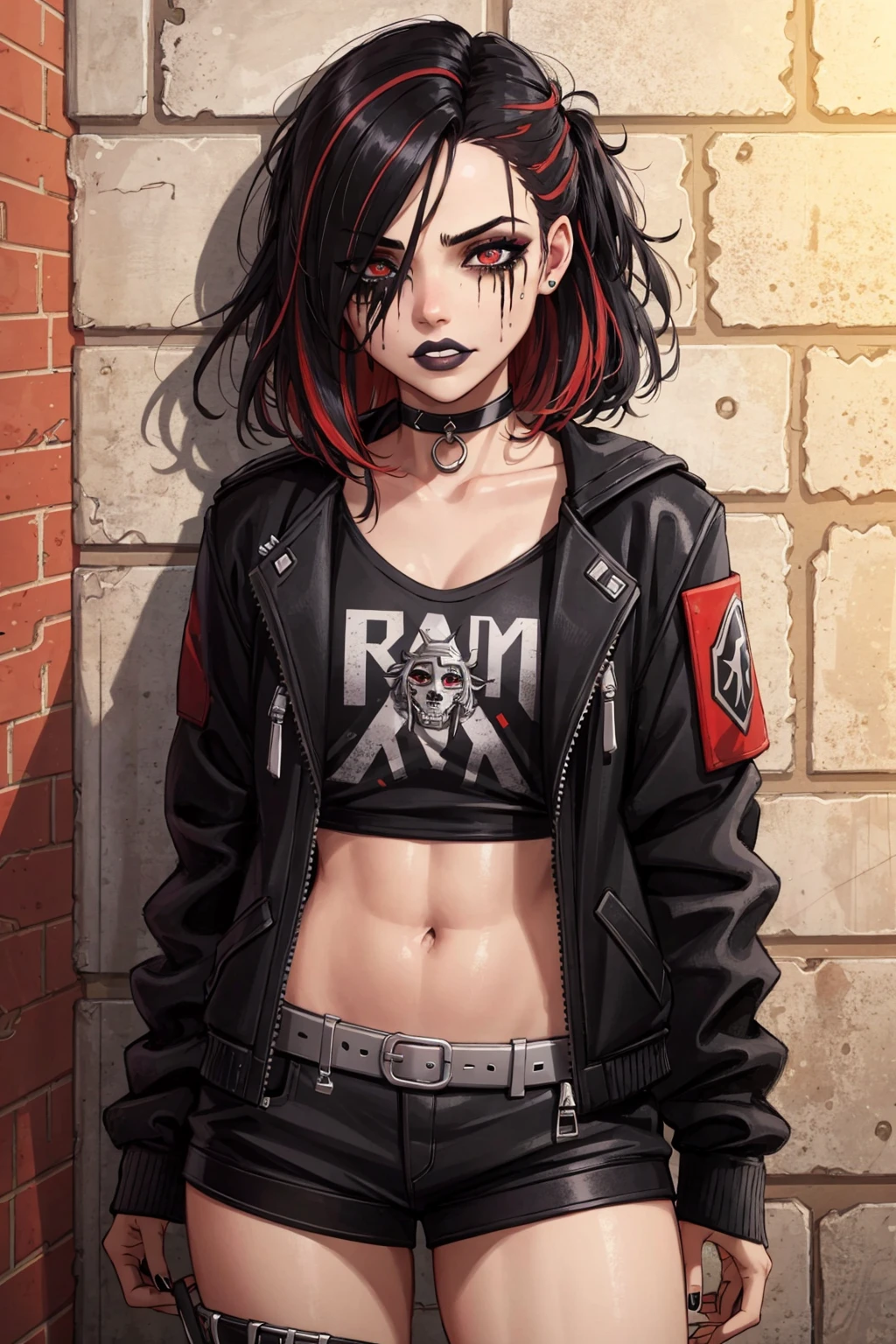 best quality, intricate details, chromatic aberration, goth makeup, goth girl, corneo_runny_makeup
1girl, long hair, black hair, messy hair, red highlights, hair over one eye, red eyes, sharp eyes,
choker, neon shirt, torn legwear, open jacket,
against wall, brick wall, graffiti, dim lighting, alley
<lora:gothGirlLora_v10:0.7> (Style-Necromancy:0.6)
