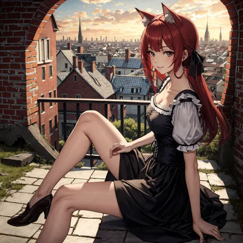 depth of field, solo skinny nekomimi matured girl wearing dirndl sitting and dangling legs from above in the distance in old town ruins terrace, complex red color hair with hair ribbon, soft smile, city ruins landscape