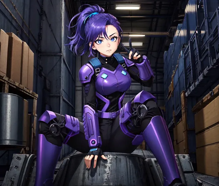 1girl, solo, masterpiece, high quality, woman dynamic pose (sitting on a battle tank in an industrial warehouse) with cinematic lighting, dramatic lighting, (exoskeleton armor, safety sign, warning lights), blue eyes [boku no hero academia], (short purple hair ponytail), large breasts, blacklight,  <lora:Blacklight_v1:1.4> to8contrast style,  <lora:theovercomer8sContrastFix_sd21768:1>