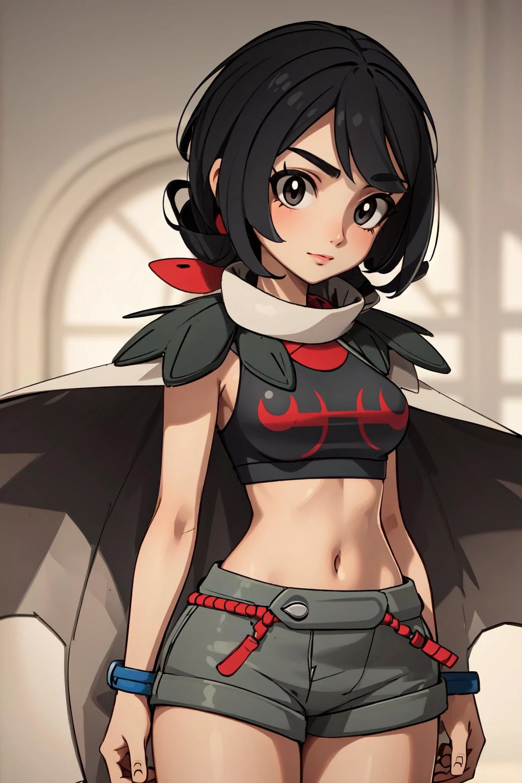(masterpiece, best quality), intricate details,
1girl, <lora:ZinniaLora:0.8> Zinnia /(pokemon/), grey shorts, black shirt, sleeveless, cape,
<lora:3DMM_V6:0.8> 3DMM,