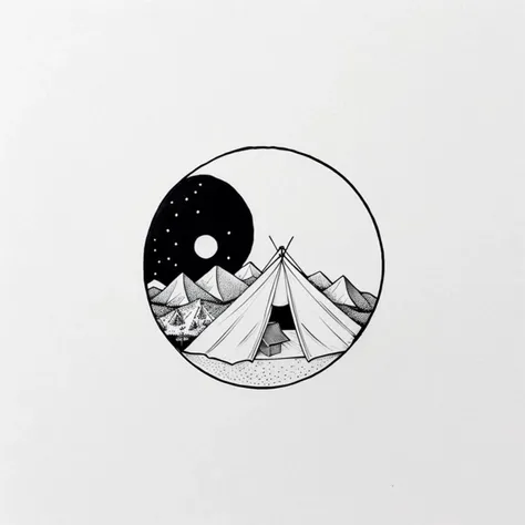minima2023, cantered, black and white illustration, white background, negative space, simple tattoo, line art, simple drawing, desert canyon, van, camp