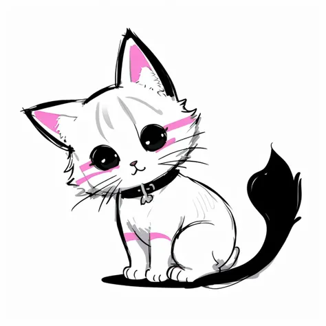 minima2023, cantered, black and white illustration, sketch, white background, negative space, simple tattoo, line art, simple drawing, cute kitten, cartoon
