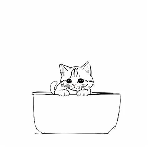 minima2023, cantered, black and white illustration, sketch, white background, negative space, simple tattoo, line art, simple drawing, cute kitten, cartoon