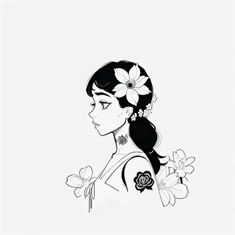 minima2023, centred, black and white illustration, sketch, white background, negative space, simple tattoo, line art, simple drawing, 1girl with flowers