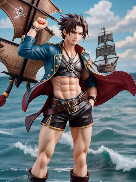 1boy, short hair, military hair, man, hot, sexy pirate man, eye patch, strong and masculine, handsome, sexy, determined expression, background of pirate ship, open seas, embodying adventurous spirit, rugged and charismatic, classic pirate attire, showcasing fearless leadership, dynamic sea setting, symbol of freedom and daring, <lora:detail_slider_v4:2>