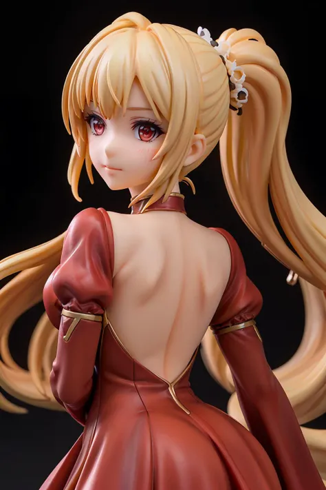 (masterpiece, best quality:1.2), (face focus:1.4), back focus, from behind, blonde hair, long hair, high ponytail, long ponytail, red eyes, long eyelashes, thick eyelashes, looking at viewer, red dress, backless dress, gold trim dress, puffy sleeves, juliet sleeves, long sleeves, red sleeves, (black background:1.2), light particles, blurry, bloom, shiny hair, <lora:Add Detail:0.5>