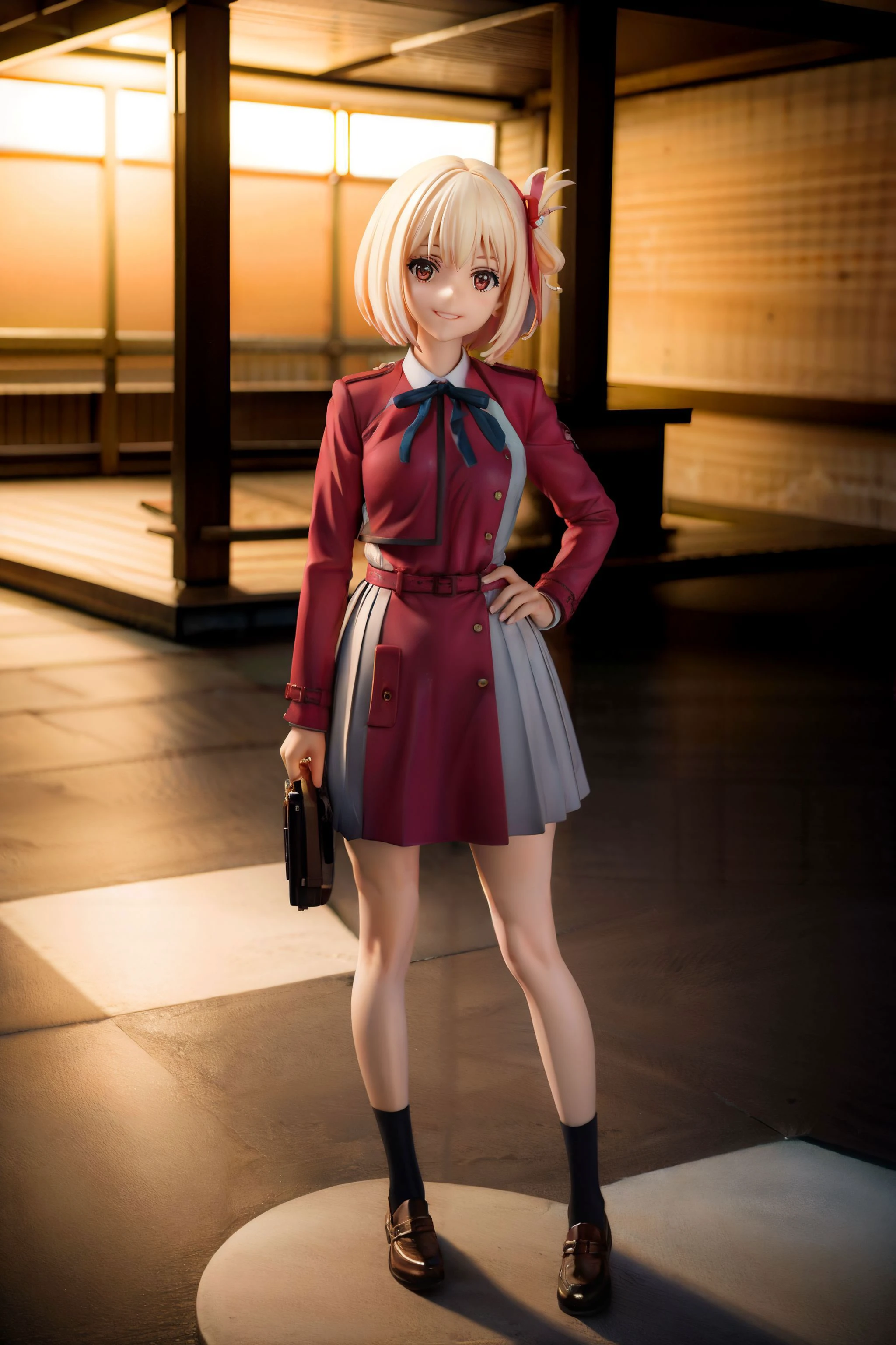 (masterpiece, best quality, hires, high resolution:1.2, 8k , high quality),extremely detailed eyes,intricate details,
outdoors,looking at viewer,
1girl,solo,nacht,
long sleeves,light smile,pleated dress,<lora:chisato_nishikigi_v1>,chisato nishikigi,blonde hair,red eyes,short hair,medium breasts,hair ribbon,lycoris uniform,long sleeves,two-tone dress,pleated dress,collared shirt,(firing:1.2),(full body:1.3),