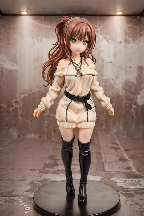 1girl, full body,
<lora:Lisachi:0.8> <lora:newlisa:0.4>, green eyes, (long hair:1), (:3:1)
brown sweater, off shoulder dress, (ribbed_dress), necklace, black belt, pink earrings jewelry, black thigh boots, black belt
standing,