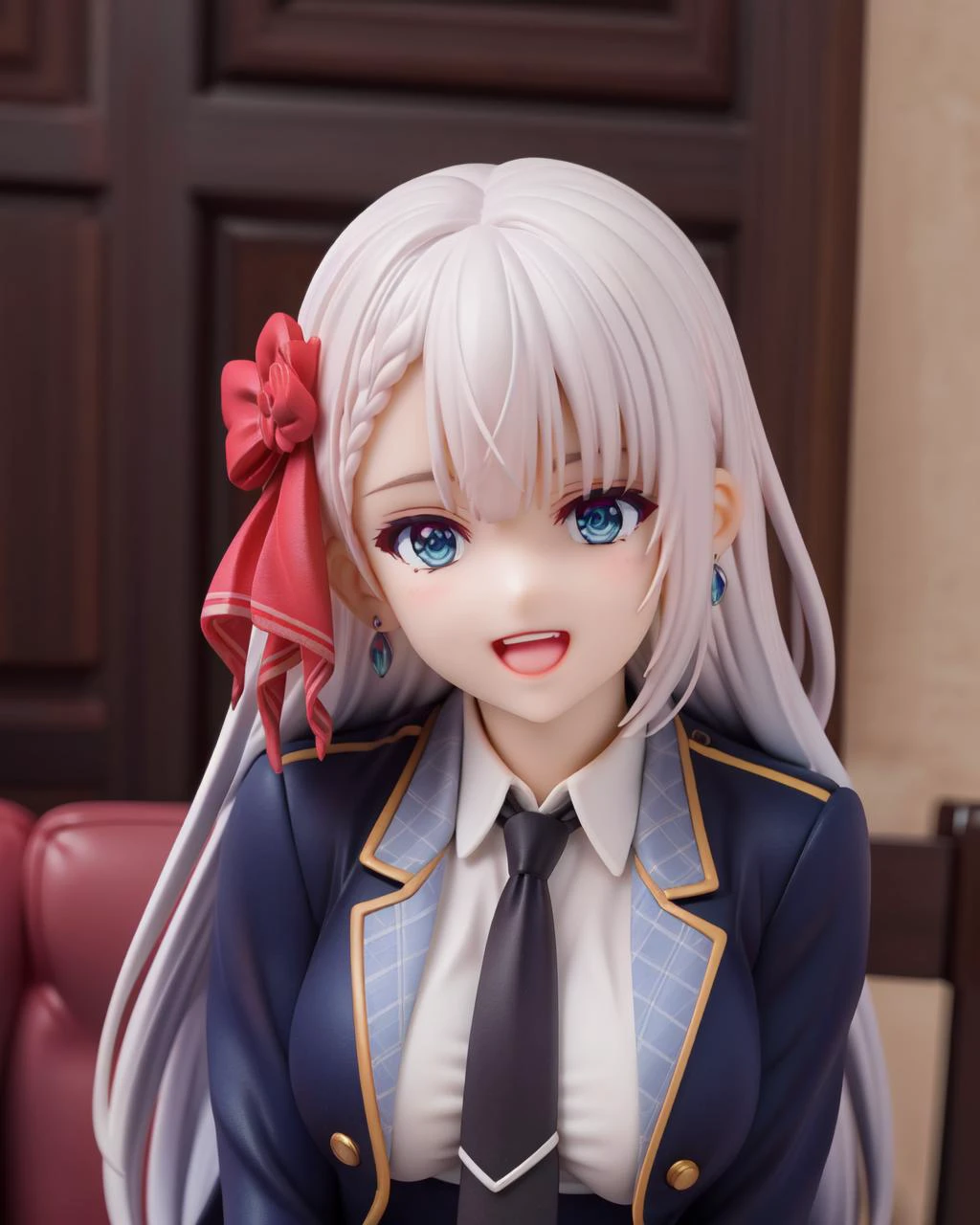 (masterpiece), (best quality), (ultra-detailed), photorealistic, (best illustration), (an extremely delicate and beautiful), 1girl, solo, riselia-fi, leaning forward, (huge breasts), depth of field, upper body, (blue eyes), hair ribbon, red ribbon, long hair,white shirt, blue jacket, collared shirt, blue skirt, black necktie, school uniform, (pov), smile, open mouth, happy, blush, <lora:riselia-fi:1> bent over, from below, blue sky, bokeh, detailed scenery, skyscraper, upper teeth, earrings,