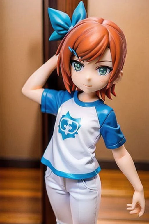 masterpiece, nice hands, best quality, 1girl, gwendolyn, red hair, short hair, white pants, light blue shirt, blue raglan sleeves, chest logo, , from above