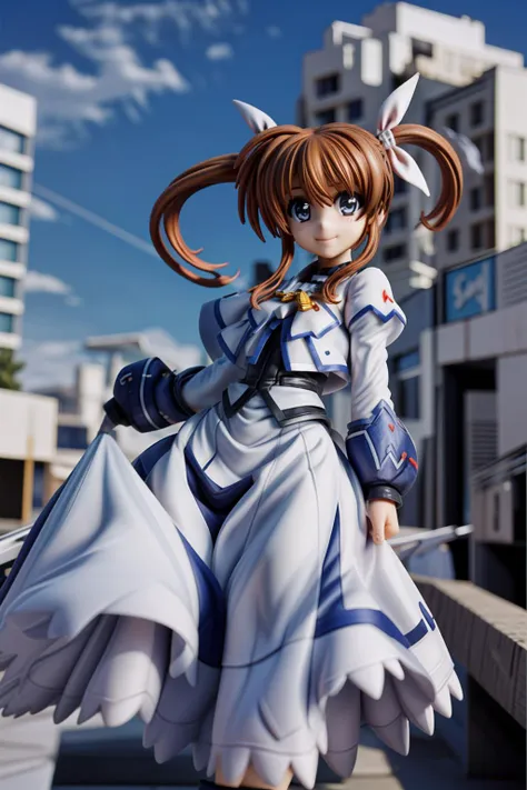 1girl, nanoha takamachi, white barrier jacket, sky, holding raising heart, smile, cityscape, from below
 <lora:nanoha takamachi movie2-lora-nochekaiser:.2> <lora:nanoha-v5.4-sd15:0.1> <lora:nanoha:0.65> <lora:nanoha-movie-2nd-takamachi-nanoha:.1>