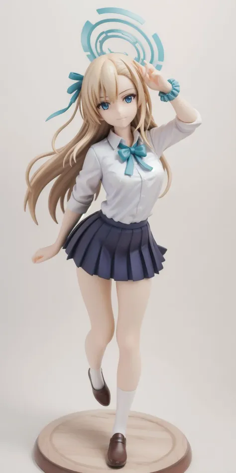 realistic, 3d, masterpiece, depth of field, simple white background,
<lora:asuna_ichinose_v1:1> asuna ichinose, very long blonde hair, blue hair ribbon, halo,
school uniform, collared shirt, blue bow, pleated skirt, socks, wrist scrunchie,