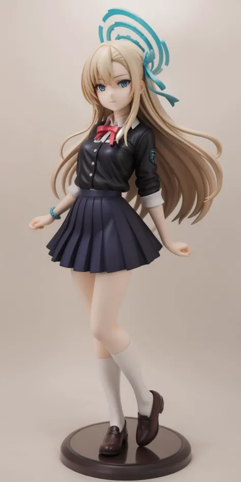 realistic, 3d, masterpiece, depth of field, simple white background,
<lora:asuna_ichinose_v1:1> asuna ichinose, very long blonde hair, blue hair ribbon, halo,
school uniform, collared shirt, blue bow, pleated skirt, socks, wrist scrunchie,