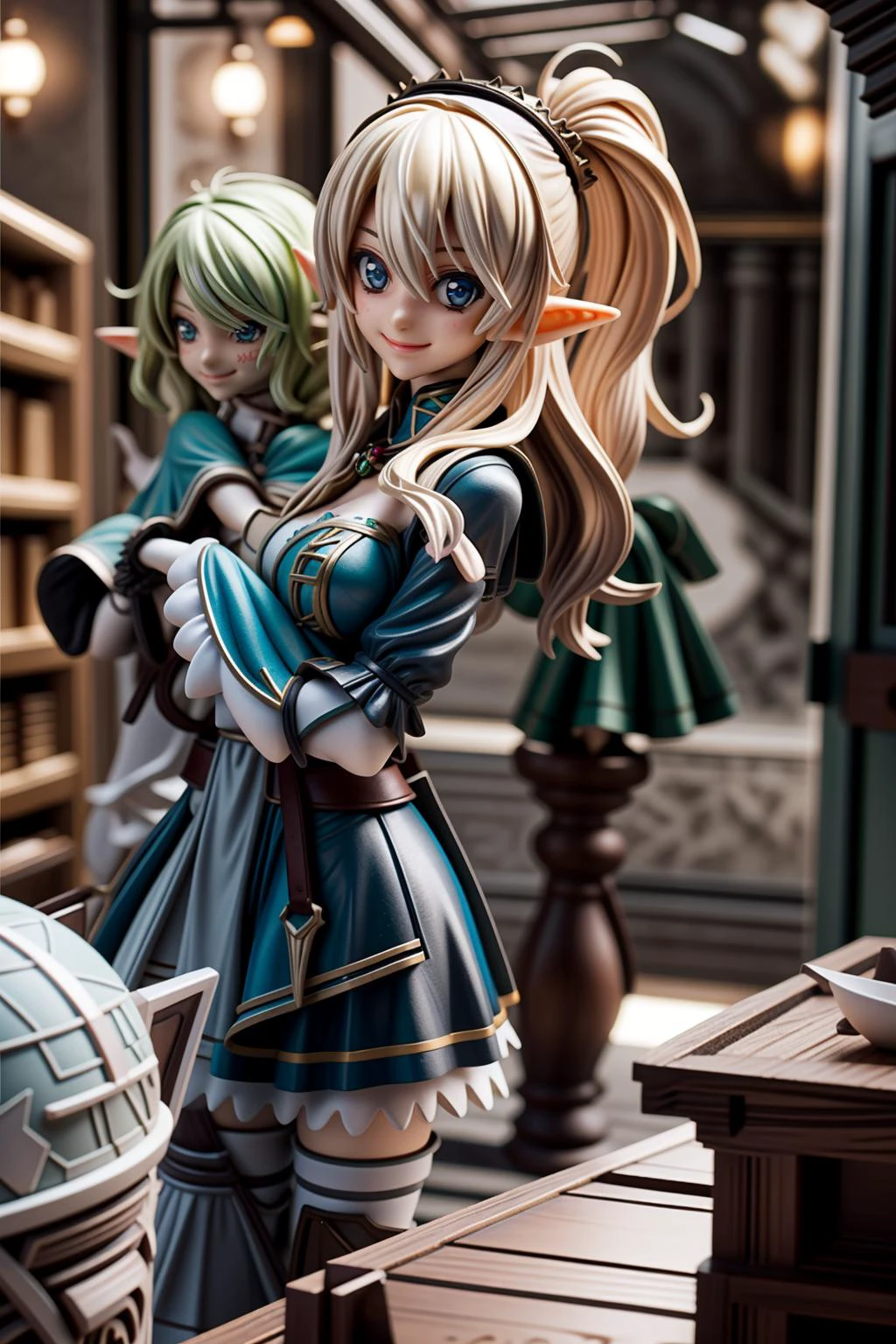 official art, fantasy, 2girls talking ,elf, adventurer's guild counter, smile ((anime))