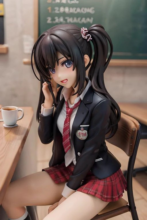 2 girls at coffee shop , school uniform, joyful talking, anime, sitting