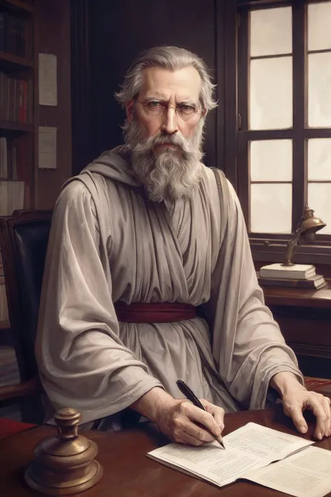 ,<lora:bouguereau-01:0.7> ,bgrtpainting, old magician sitting at the desk in old castle tower,ultra long white beard,gray-haired, writing, magician clothes, long robe