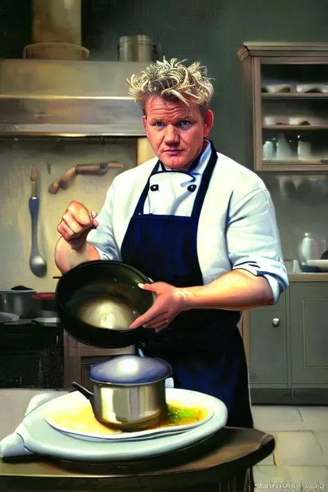 (oil painting:1.2) of (gordon ramsay:1.1) a michelin chef (cooking with a small pot :1.1) in the kitchen <lora:bouguereau-01:0.8>