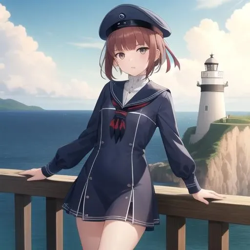 ((masterpiece)),(best quality),official art,extremely detailed CG,unity 8k wallpaper,ultra detailed,A lighthouse on a cliff by the sea,1girl,solo,cowboy shot,short_hair,sailor_hat,sailor_collar,sailor_dress,brown_eyes,clothes_writing,brown_hair,long_sleeves,blue_dress,looking_at_viewer,blue_socks,blue_headwear,blue_sailor_collar,neckerchief,<lora:Z3(kan)>,