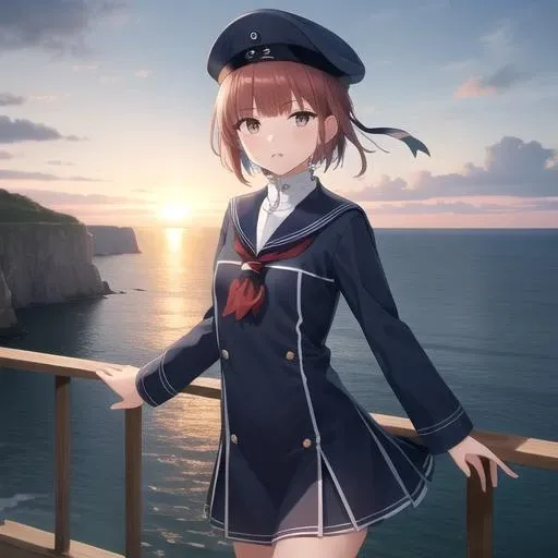 ((masterpiece)),(best quality),official art,extremely detailed CG,unity 8k wallpaper,ultra detailed,A lighthouse on a cliff by the sea,1girl,solo,cowboy shot,short_hair,sailor_hat,sailor_collar,sailor_dress,brown_eyes,clothes_writing,brown_hair,long_sleeves,blue_dress,looking_at_viewer,blue_socks,blue_headwear,blue_sailor_collar,neckerchief,<lora:Z3(kan)>,