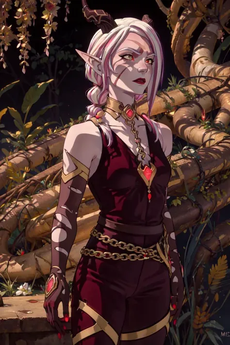 Bloodmoon Huntress, single braid, elf, horns, one broken horn, red background, blood floating around subject, red magic, dark room, (realistic:1.2), (masterpiece:1.2), (full-body-shot:1),(Cowboy-shot:1.2), dark romantic lighting, (highly detailed:1.2), (detailed face:1.2), (gradients), colorful, detailed eyes, (natural lighting:1.2), solo, <lora:add_detail:0.3> <lora:DragonPrince_BloodmoonHuntress-10:0.7> <lora:BeautifulEyes:0.3>