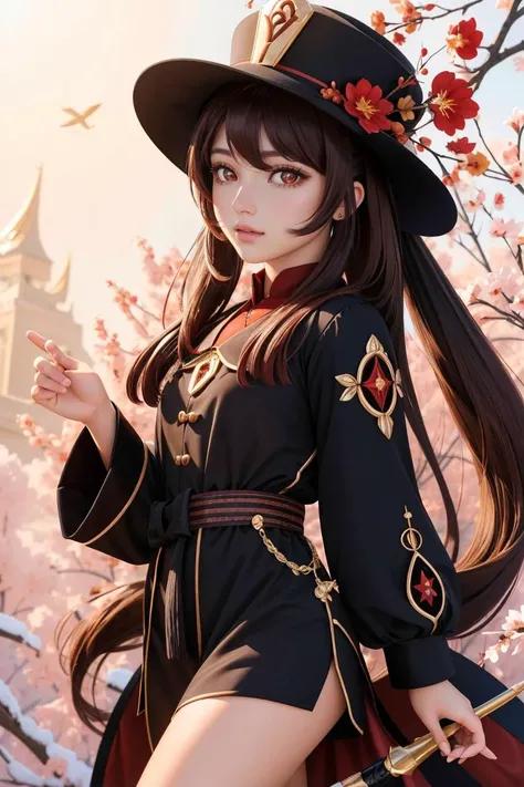 professional full body photo of pikkyhutao, brown hair, long hair, symbol-shaped pupils, solo, red eyes, looking at viewer, twintails, flower, hat, long sleeves, bangs, blush, jewelry, hat flower, black headwear,
detailed skin, detailed eyes, detailed face,
volumetric light, highrez, masterpiece, best quality,
<lora:HuTao:0.65:MIDD>
