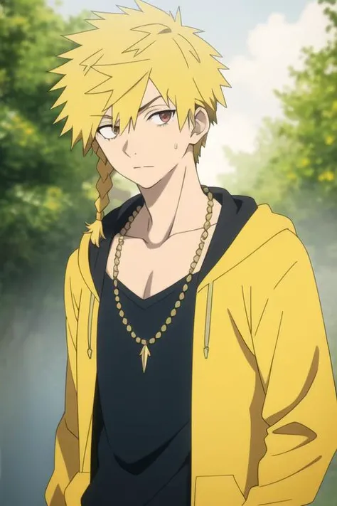 masterpiece, best quality, high quality, 1boy, solo, male focus, looking at viewer, upper body, <lora:choubei_aza:0.66>, choubei_aza, blonde hair, spiked hair, necklace, braid, , hoodie