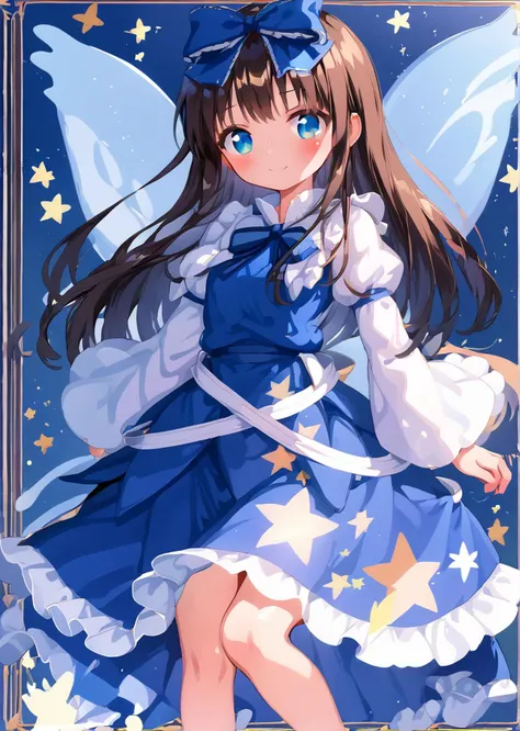 a girl in a blue dress with a star on her head