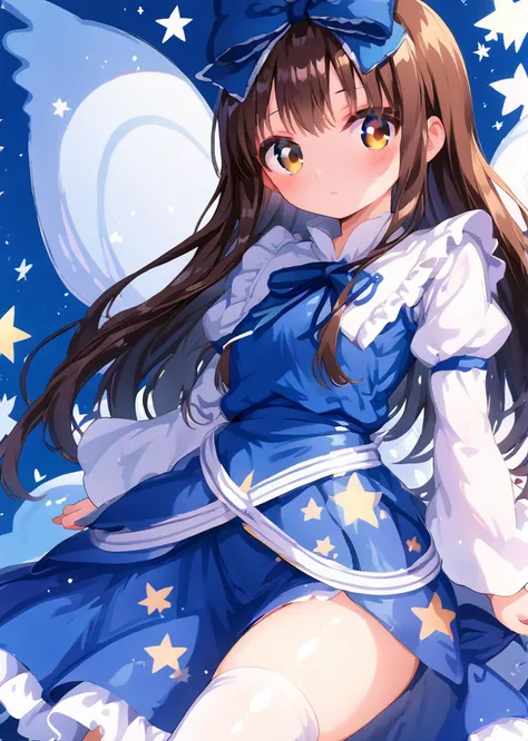 anime girl with long hair and blue dress with stars on her head