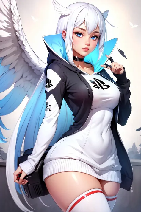 Highly detailed, High Quality, Masterpiece, beautiful, hoodie, wearing [walkure_armor, viking|hoodie], WINGS, viking, hoodie, [woman|walkure], <lora:Outfit_HoodiesValkyrie:0.9>, Playstation-chan, <lora:Char_Meme_Playstationchan:0.6>, white hair