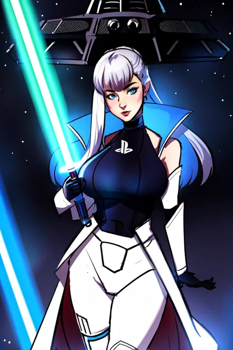 Highly detailed, High Quality, Masterpiece, beautiful, <lora:UnlimitedBladeWorksV0.3:0.8>, (Lightsaber:1.2), 1girl, solo, Playstation-chan, <lora:Char_Meme_Playstationchan:0.9>, (detailed face and eyes:1.3)