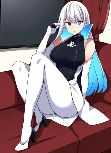 ((best quality)), ((highly detailed)), masterpiece, extremely detailed face, beautiful face, (detailed eyes, deep eyes), (1girl), full body, <lora:Playstationchan:.9>, Playstation-chan, inside, in a living room, couch, TV