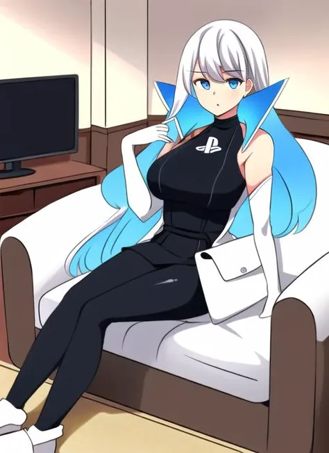 ((best quality)), ((highly detailed)), masterpiece, (detailed eyes, deep eyes), (1girl), full body, <lora:Playstationchan:.9>, Playstation-chan, inside, in a living room, couch, TV