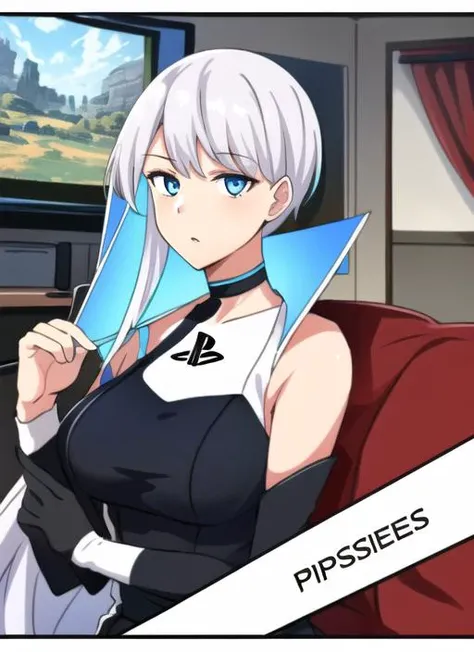 ((best quality)), ((highly detailed)), masterpiece, (detailed eyes, deep eyes), (1girl), upper body, <lora:Playstationchan:.8>, Playstation-chan, inside, in a living room, couch, TV
