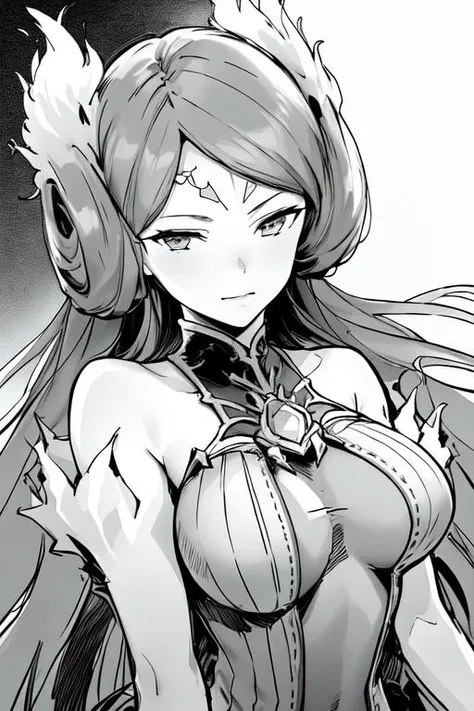 ((extreme detail)),(ultra-detailed), extremely detailed CG unity 8k wallpaper, best quality, <lora:Brighid:0.8>brighid, purple long dress, jeweled collar, fiery hair buns, accessory belt, looking at viewer, closed mouth, ((lineart)),black and white, monochrome,