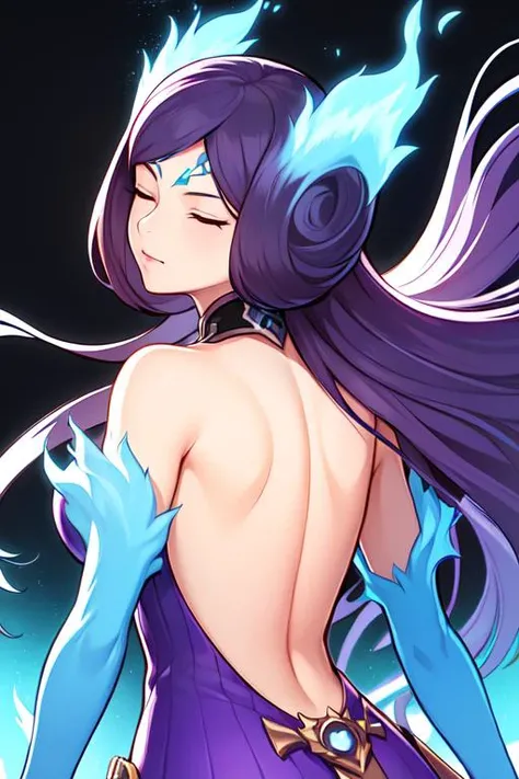 ((extreme detail)),(ultra-detailed), extremely detailed CG unity 8k wallpaper, best quality, <lora:Brighid:0.7>brighid, purple long dress, jeweled collar, accessory belt, closed eyes, closed mouth, from behind, looking back, black background