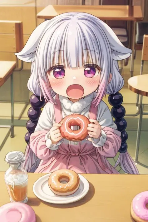 ultra-detailed,masterpiece,best quality,1girl, kanna kamui, petite,chibi,pink fluffy onepiece,table,donut,indoor,cafe,close up,sitting,open mouth,juice,<lora:Kanna Kamui(cknm):0.7> <lora:add_detail:1> <lora:largecirclemouth_v100:1>
