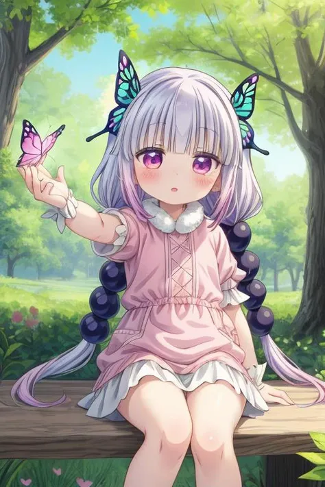 ultra-detailed,masterpiece,best quality,1girl, kanna kamui, petite,chibi,pink fluffy onepiece,park,butterfly,tree,catching butterfly<lora:Kanna Kamui(cknm):0.7> <lora:add_detail:1>